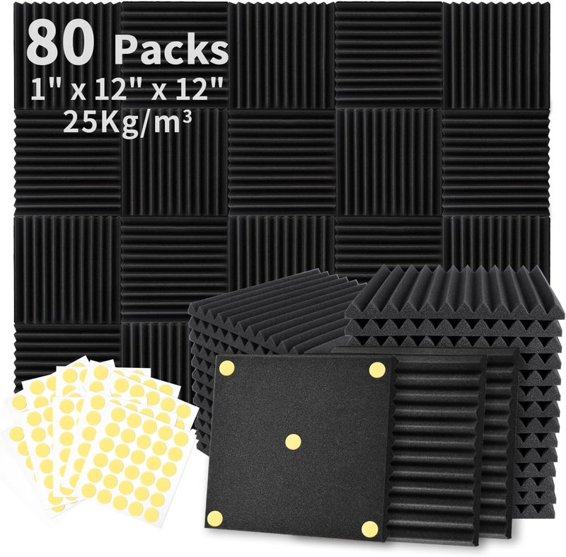 Focusound 80 Pack Acoustic Foam Panels 1" x 12" x 12" Sound Proof Foam Panles Soundproofing Noise Cancelling Wedge Panels for Home Office Recoding Studio with 420PCS Double-Side Adhesive - Image 1